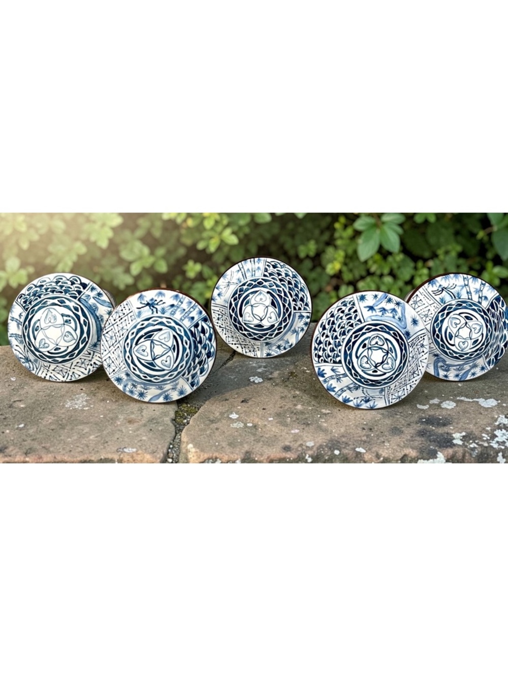 Vintage Blue White Ceramic Curtain Holdbacks Tiebacks Asian Bamboo Set of 5